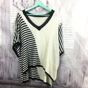 POL Black and White V-Neck Striped Sweater